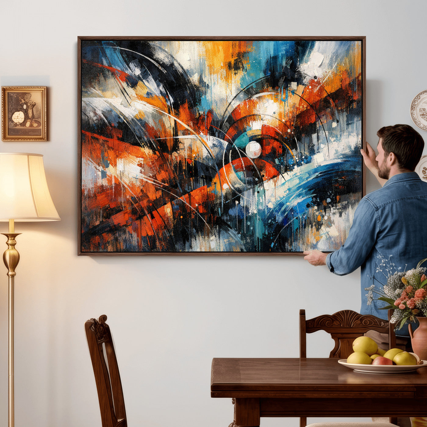 47120691-MGV-CV-36X24 - Geometric Abstract Wall Art Canvas Print, Orange Blue Abstract Expressionist Painting Print, Modern Geometric Abstract Canvas Art