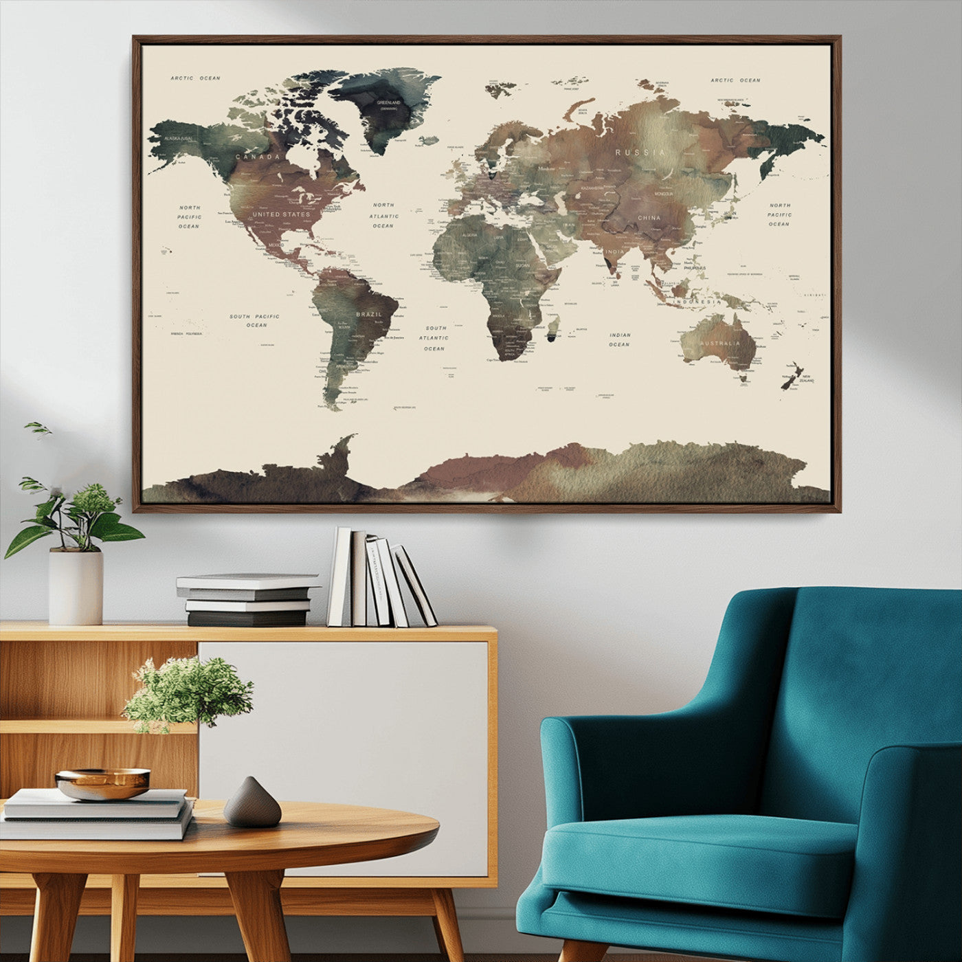 23199-MGV-CV-36X24-Neutral Watercolor World Map Canvas Wall Art – Framed Earth Tone Map Print, Minimalist Travel Artwork for Modern Home and Office Decor