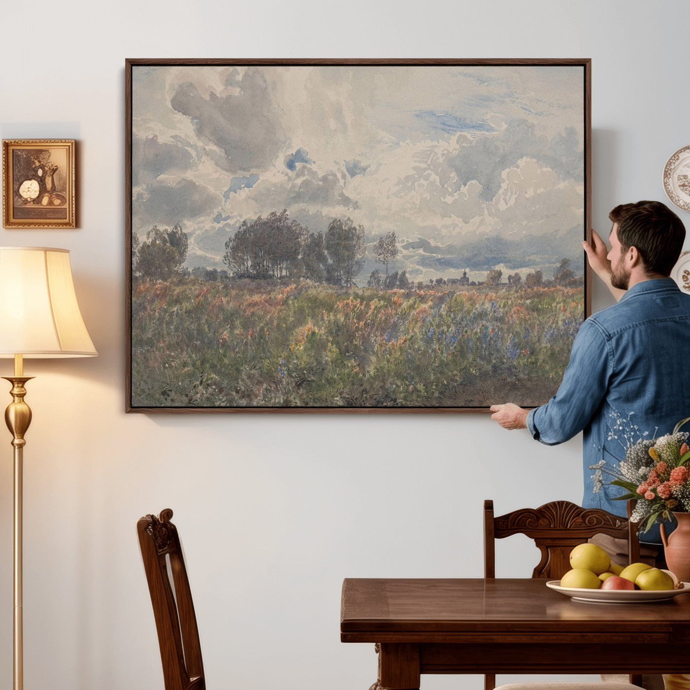 76626885-MGV-CV-36X24 - Vintage Watercolor Meadow Canvas Wall Art — English Pastoral Wildflower Storm Sky Print | Cottagecore Nature Decor | Classic Landscape Gift