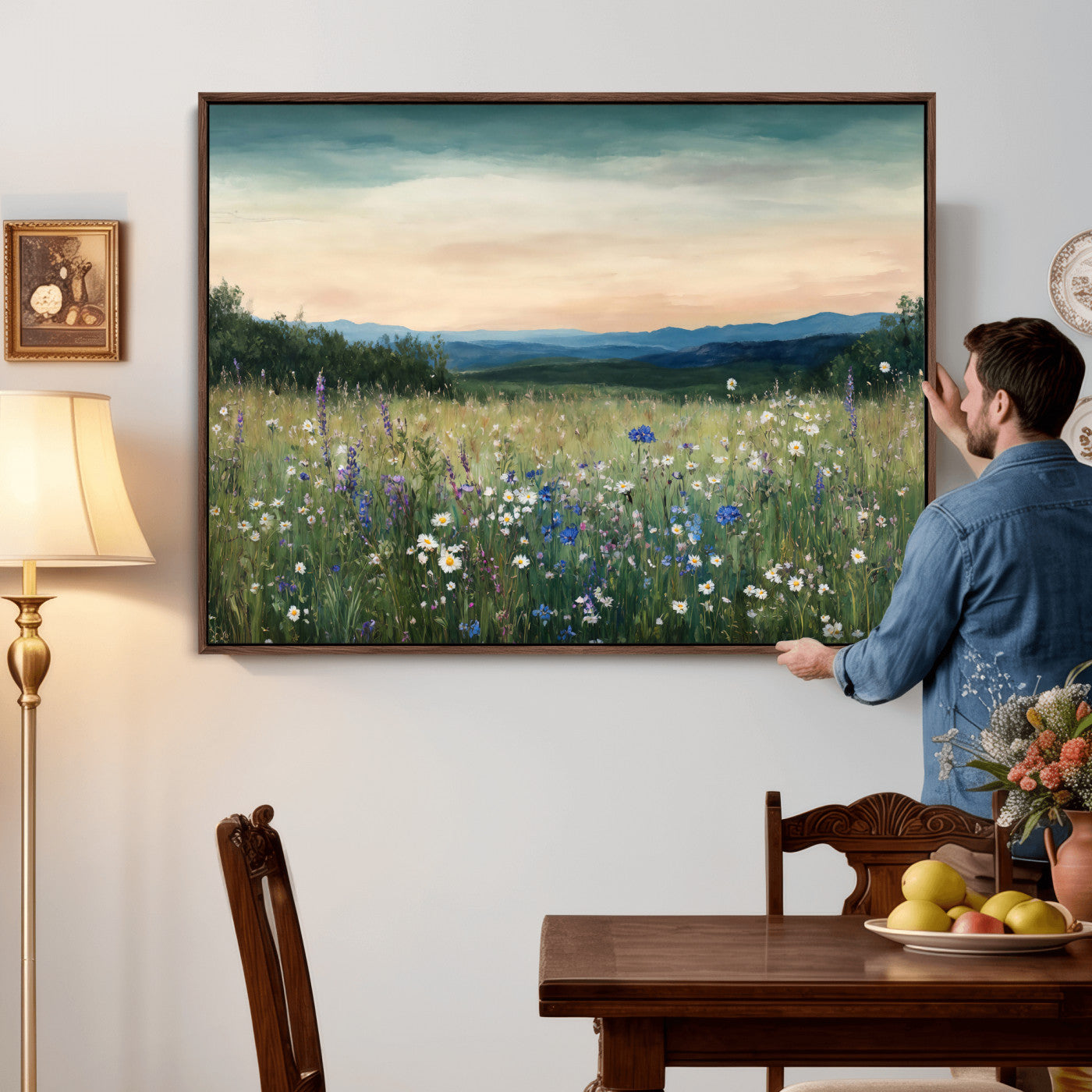 35773805-MGV-CV-36X24 - Wildflower Meadow Oil Painting Canvas Print - Daisy Lavender Mountain Sunset Print | Cottagecore Floral Wall Art - Bedroom Decor Gift for Her