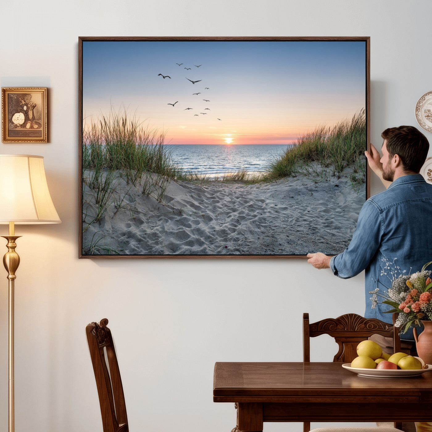 12172032-MGV-CV-36X24 - Sandy Dune Path Sunset Canvas Wall Art — Seagulls Beach Ocean Photography Print | Coastal Home Decor | Nautical Wall Art | Beach House Gift