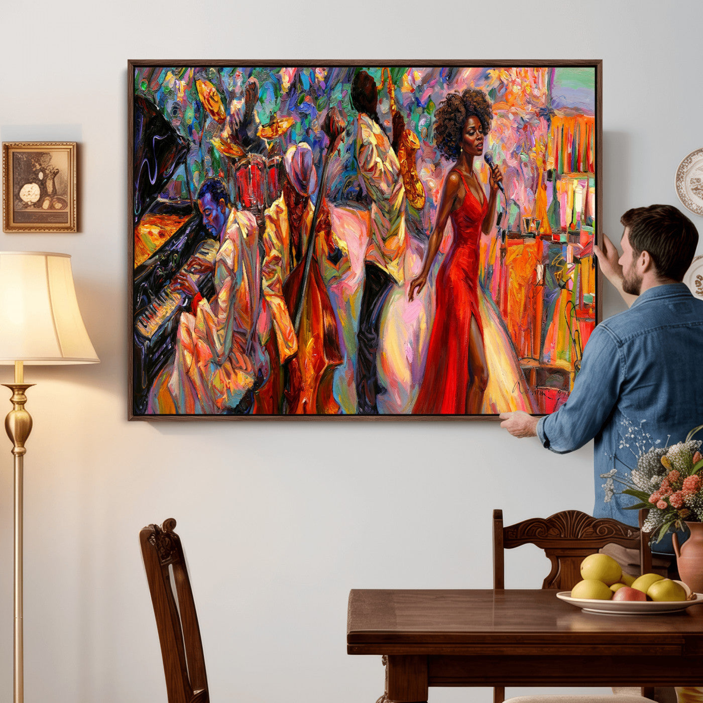 72615137-MGV-CV-36X24 - African American Jazz Singer Canvas Art - Red Dress Black Woman Music Print | Colorful Jazz Band Wall Decor | Living Room Gift for Her