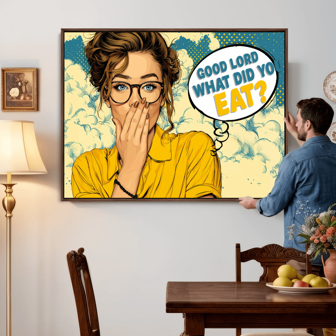 Pop Art Bathroom Sign Wall Art Canvas Print | Funny Yellow Comic Toilet Decor