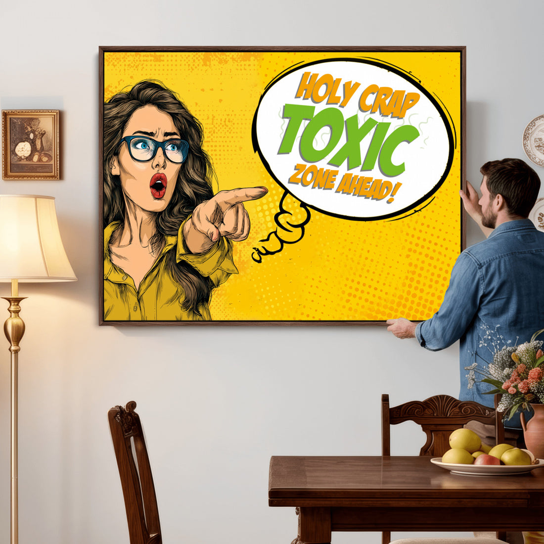 Pop Art Bathroom Sign Wall Art Canvas Print | Funny Yellow Comic Toilet Decor