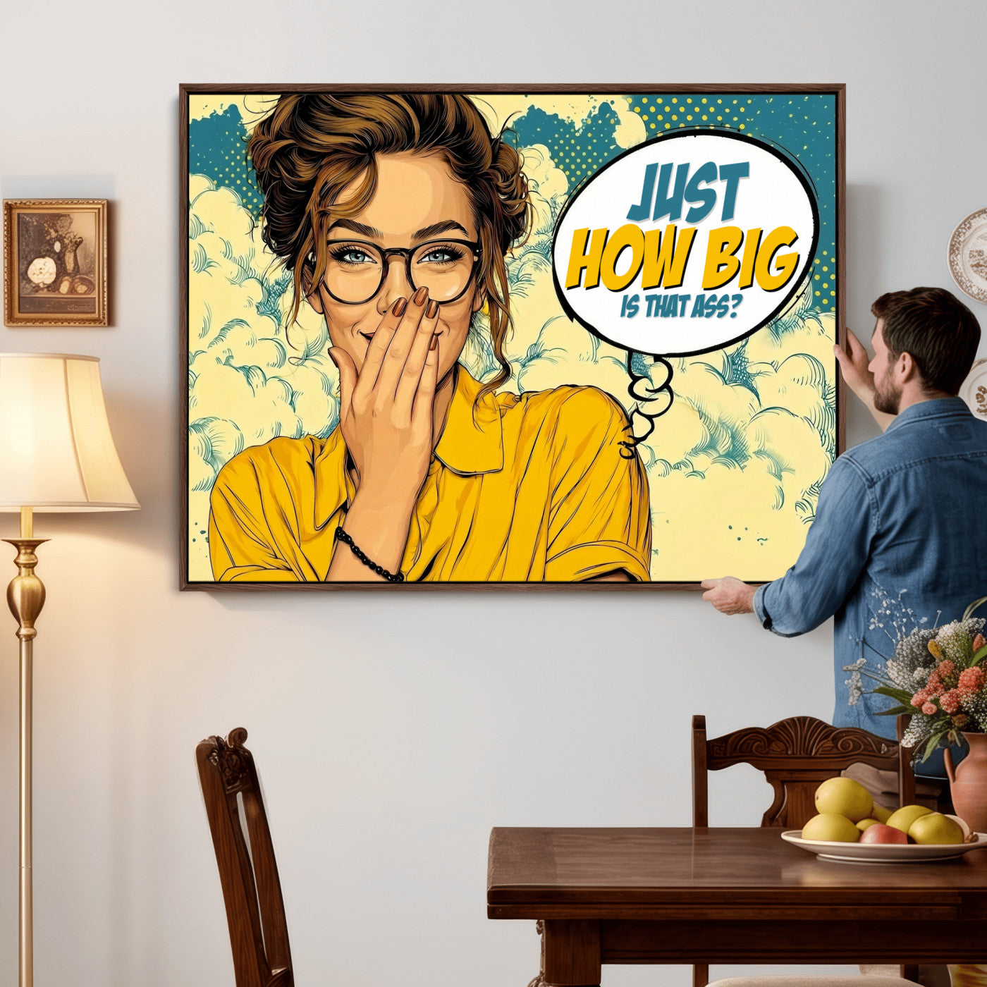 T79156505-MGV-CV-36X24 - Pop Art Print Bathroom Sign Wall Art Canvas Print — Funny Bathroom Canvas | Comic Style Toilet Wall Decor | Humor Gift | How Big Ass