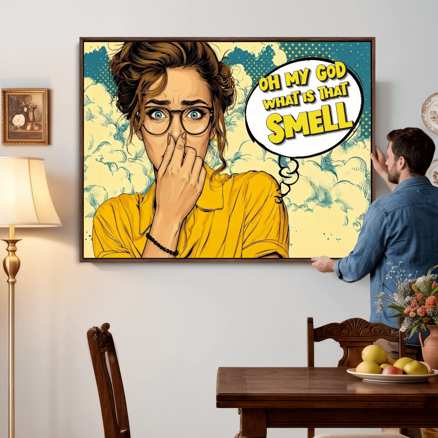 B79156505-MGV-CV-36X24 - Pop Art Print Bathroom Sign Wall Art Canvas Print — Funny Bathroom Canvas | Comic Style Toilet Wall Decor | Humor Gift | What is that Smell