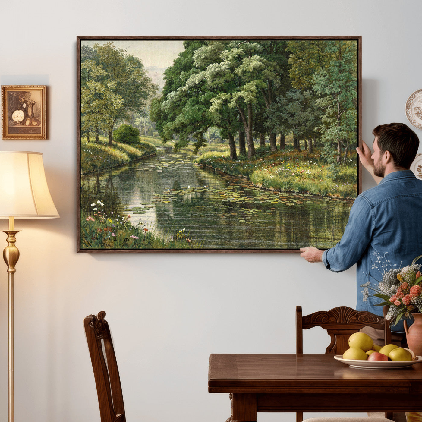 44288560-MGV-CV-36X24 - Forest Stream Canvas Wall Art, Peder Monsted A Forest Stream 1905 Print, Danish Realist Landscape, Lily Pad River Nature Decor, Vintage Green Painting