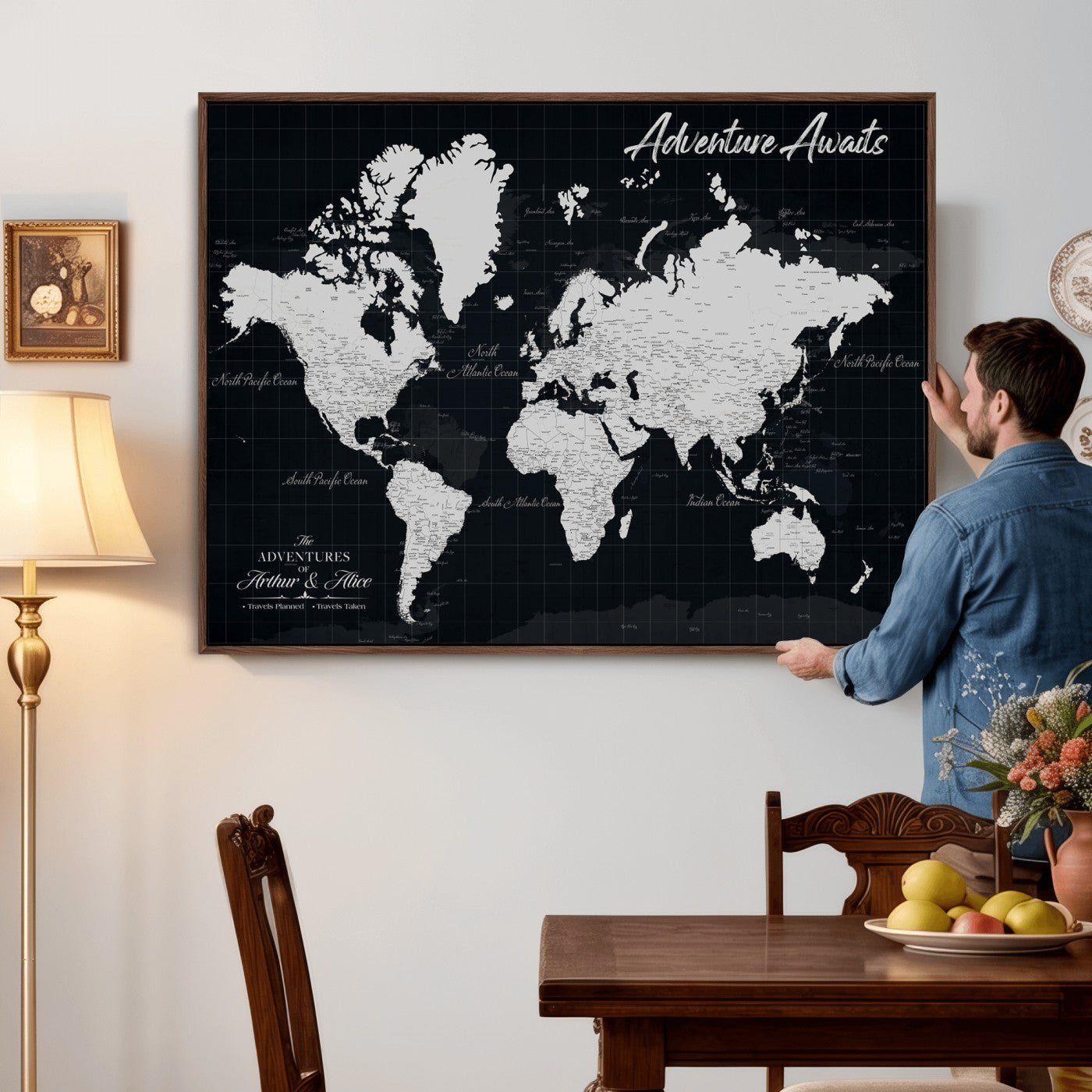 19855445B-MGV-CV-36X24 - Personalized Push Pin World Map Canvas Wall Art Couples Customized Black Gray Travels Framed Large for Living Room Bedroom Decor