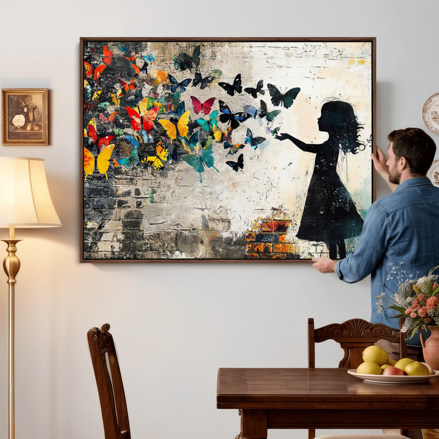 33909022-MGV-CV-36X24 - Banksy Butterfly Girl Wall Art Canvas Print, Framed Street Art Silhouette Graffiti Artwork, Colorful Butterfly Wall Decor for Living Room Bedroom Office