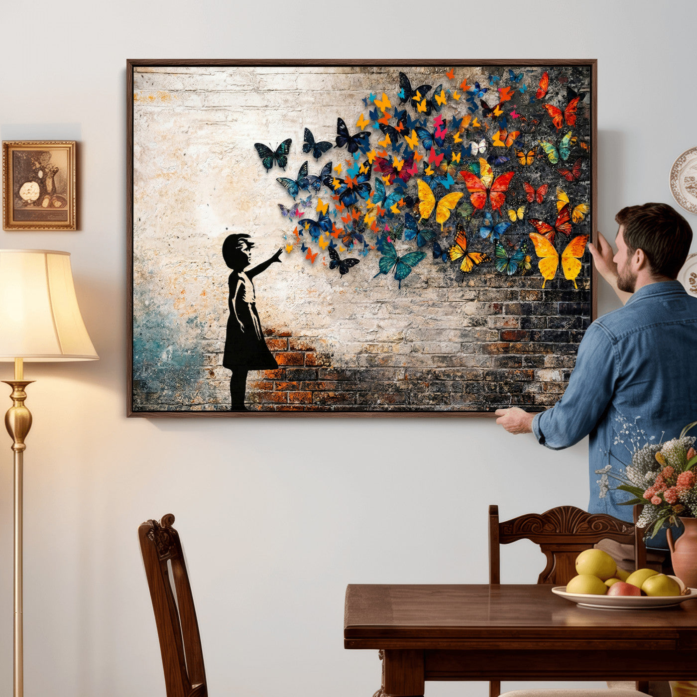 78760384-MGV-CV-36X24 - Banksy Graffiti Butterfly Girl Wall Art Canvas Print, Framed Street Art Canvas Print, Silhouette Butterfly Wall Art for Living Room Bedroom Office