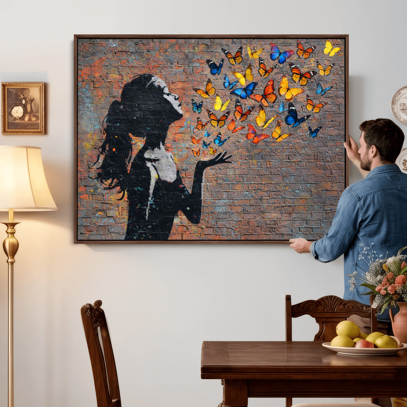 10555939-MGV-CV-36X24 - Urban Banksy Butterfly Girl Wall Art Canvas Print, Framed Street Art Canvas Print, Graffiti Silhouette Butterfly Wall Art for Living Room Bedroom Office
