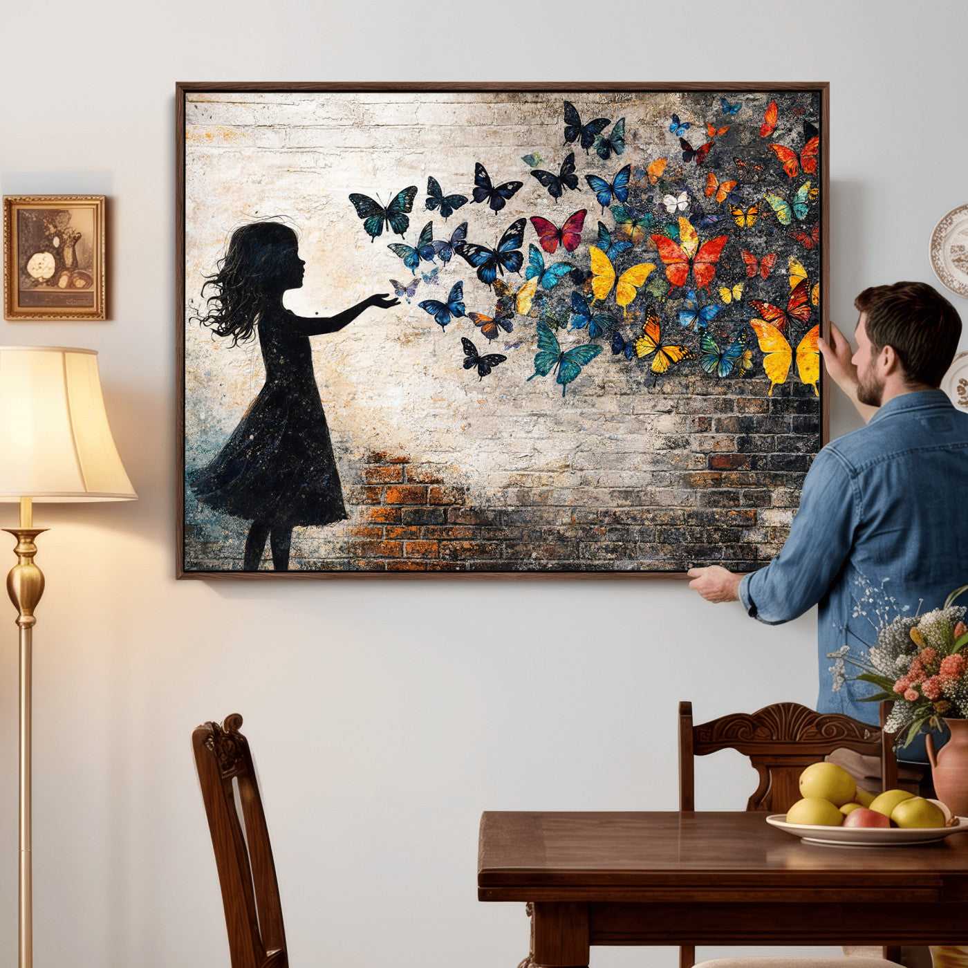 70522594-MGV-CV-36X24 - Banksy Butterfly Girl Wall Art Canvas Print, Framed Street Art Canvas Print, Graffiti Silhouette Butterfly Wall Art for Living Room Bedroom Office