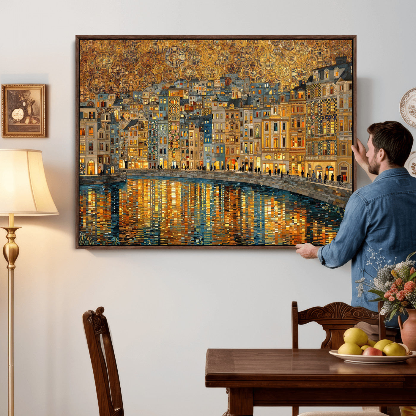 94022787-MGV-CV-36X24 - Gustav Klimt Golden Cityscape Wall Art Canvas Print, Framed River Town Landscape Artwork, Ornate Architecture Wall Decor for Living Room Bedroom Office