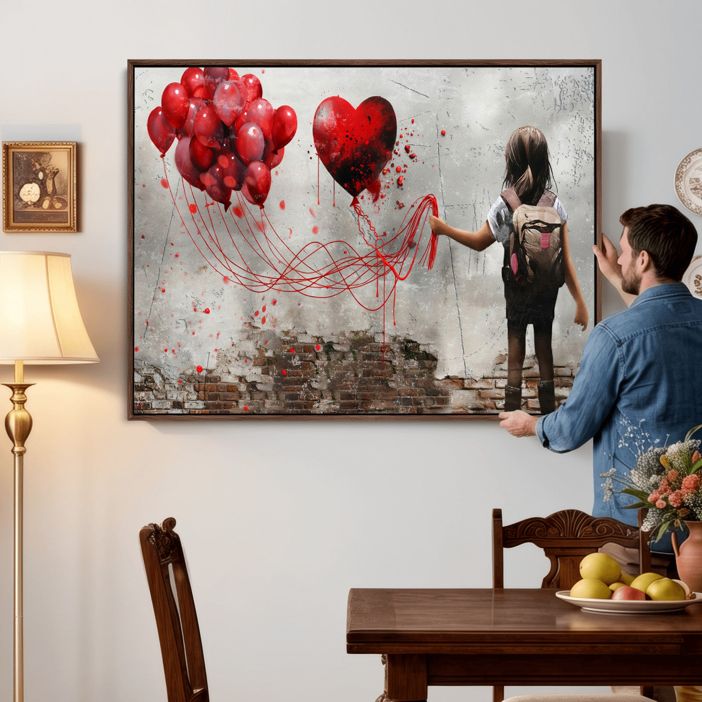 2162830T-MGV-CV-36X24 - Girl Graffiti Wall Art Canvas Print, Red Balloon Heart Street Art, Urban Love Artwork for Living Room Bedroom Hallway Office, Modern Abstract Canvas Wall Decor Home Decor