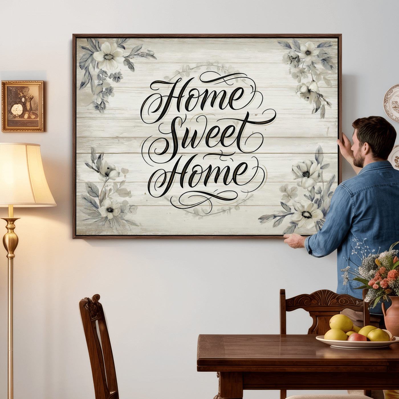 11120405-MGV-CV-36X24 - Home Sweet Home Wall Art Canvas Print, Floral Farmhouse Sign, Rustic Neutral Entryway Bedroom Living Room Decor