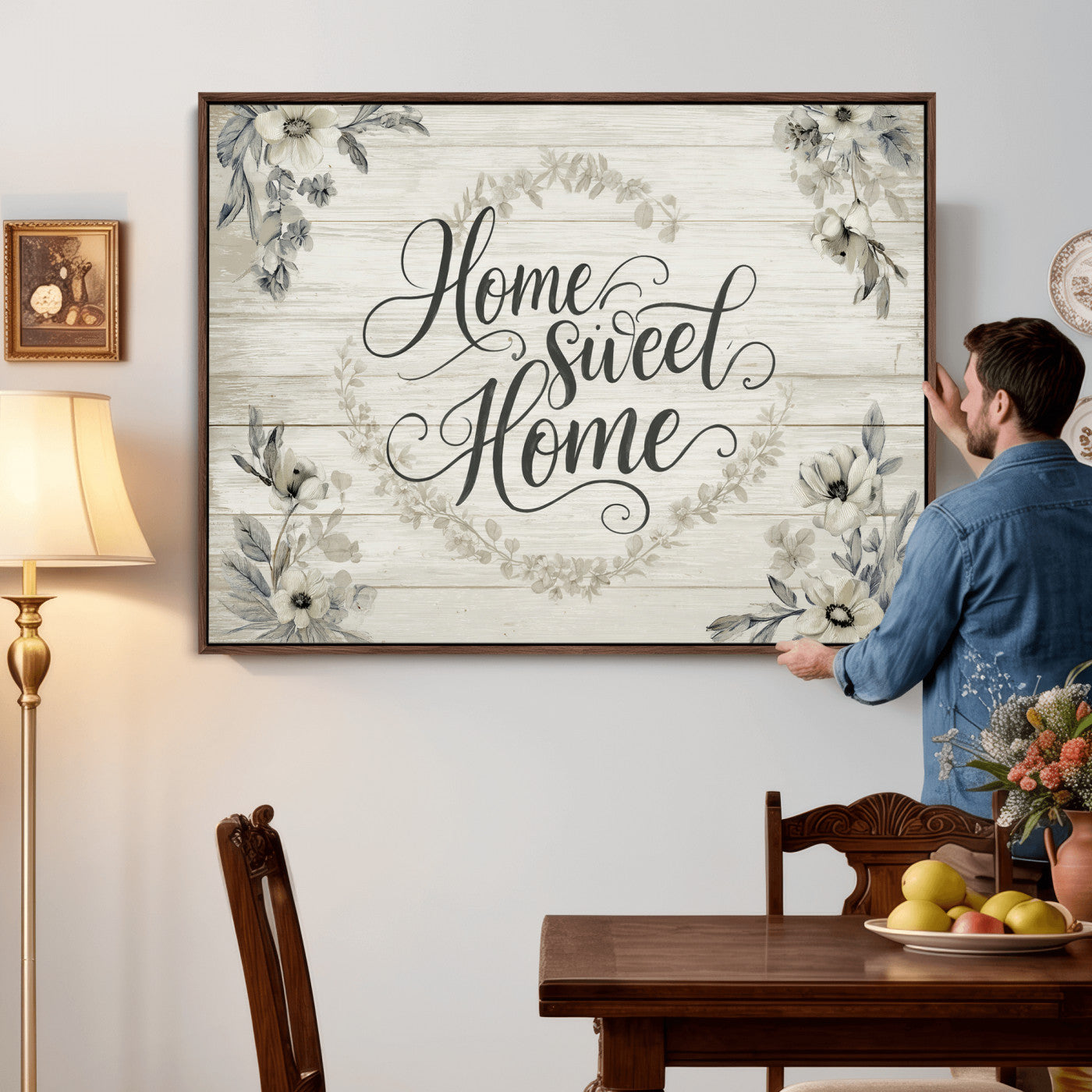 81157008-MGV-CV-36X24 - Home Sweet Home Wall Art Canvas Print, Floral Farmhouse Sign, Rustic Neutral Entryway Bedroom Living Room Decor