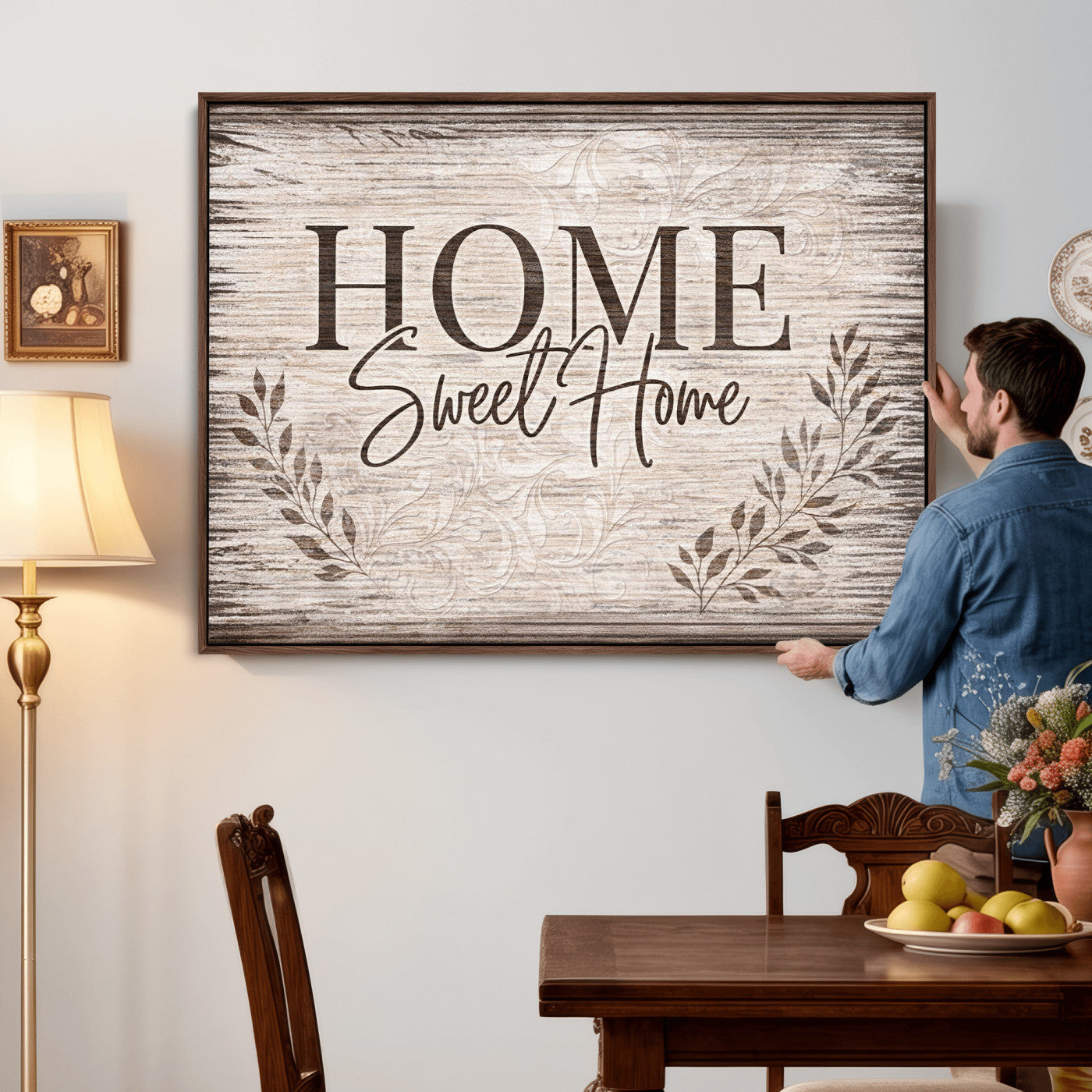 81157008S-MGV-CV-36X24 - Home Sweet Home Wall Art Canvas Print, Floral Farmhouse Sign, Rustic Neutral Entryway Bedroom Living Room Decor