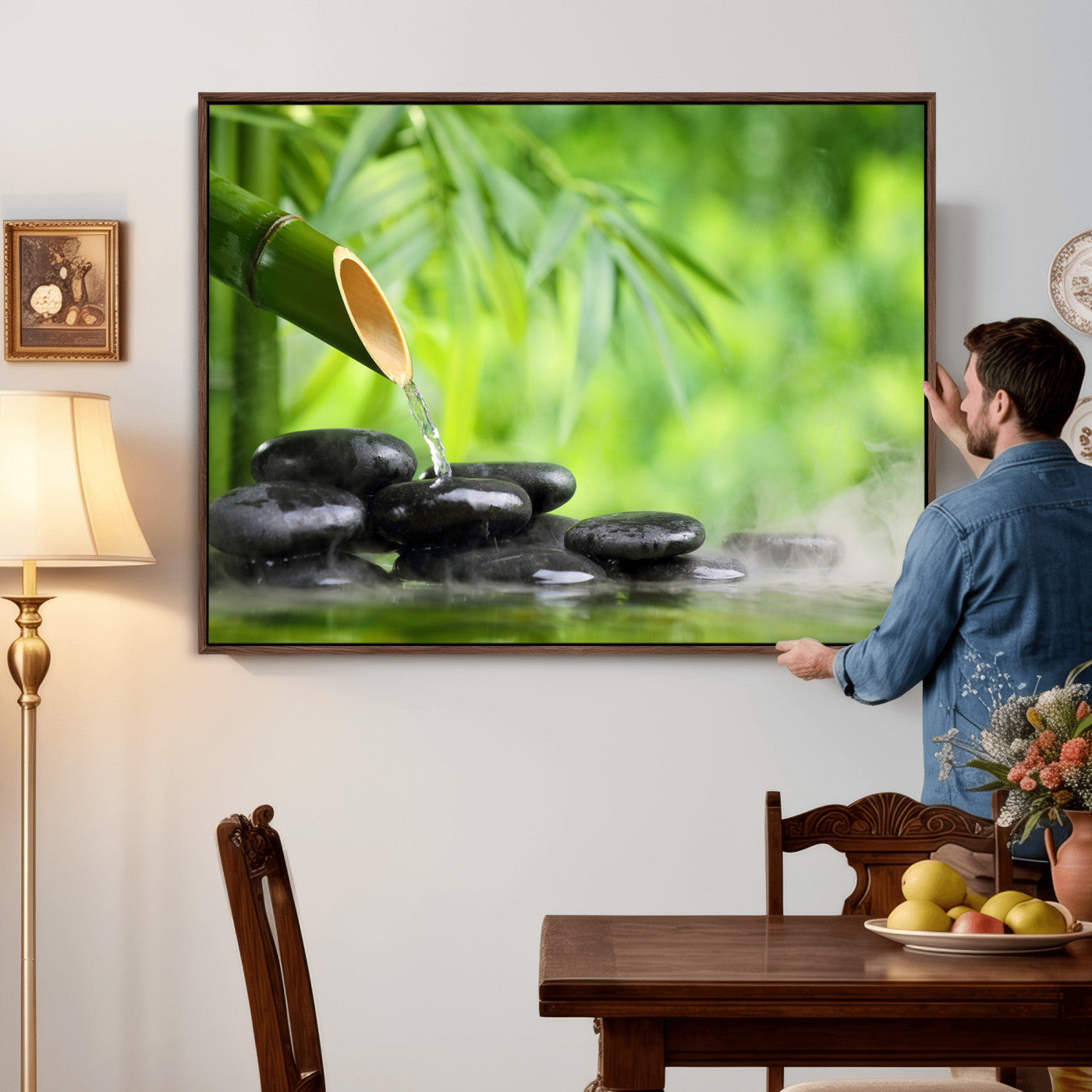 26961320-MGV-CV-36X24 - Bamboo Water Flow Black Stone Canvas | Zen Spa Nature Photography Print | Green Mist Japanese Garden Wall Art | Tranquil Decor