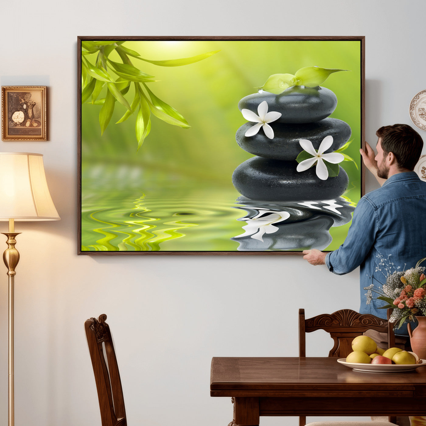 51106626-MGV-CV-36X24 - Plumeria Frangipani Black Stone Canvas | White Flower Spa Photography Print | Tropical Zen Wall Art | Grey Pebble Floral for Meditation Yoga Room Decor