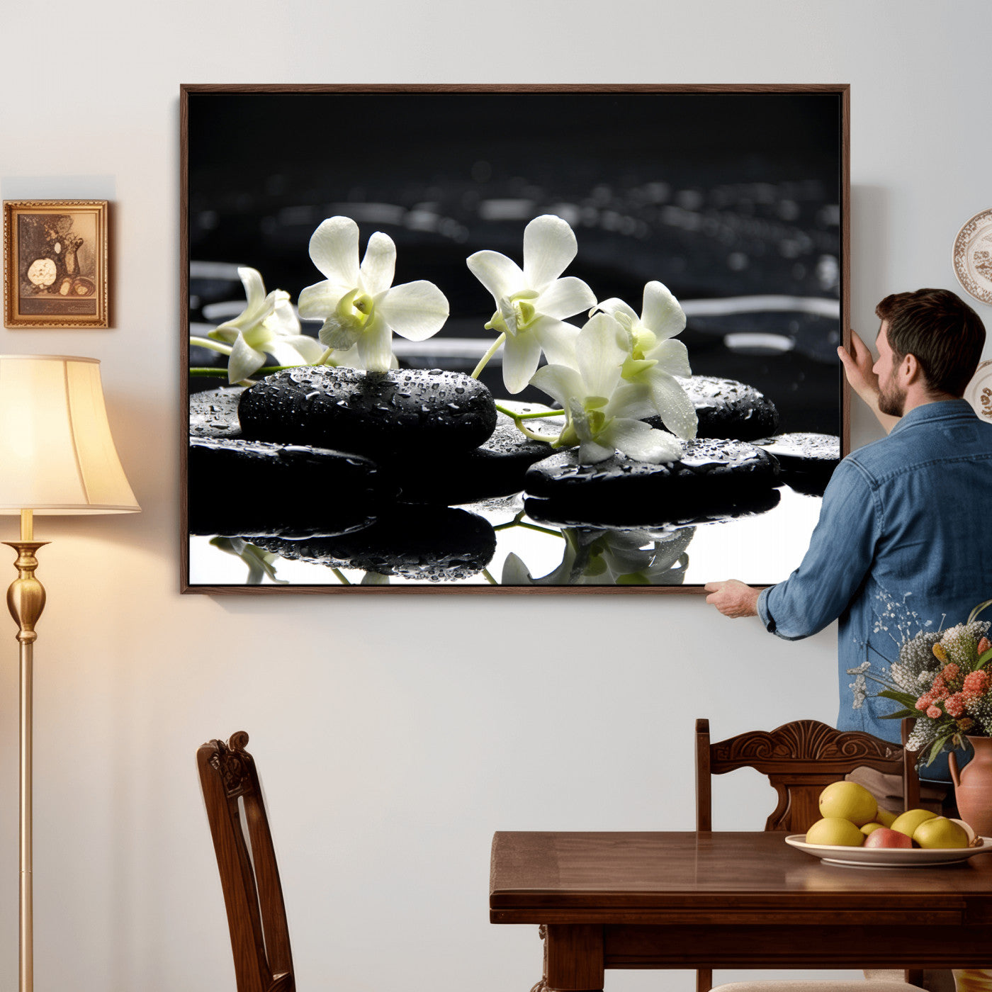 79486206-MGV-CV-36X24 - Plumeria Frangipani Black Stone Canvas | White Flower Spa Photography Print | Tropical Zen Wall Art | Grey Pebble Floral for Meditation Room Decor