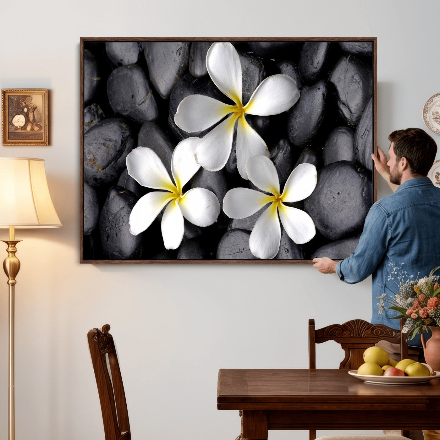 43639613-MGV-CV-36X24 - Plumeria Frangipani Black Stone Canvas | White Flower Spa Photography Print | Tropical Zen Wall Art | Grey Pebble Floral Decor