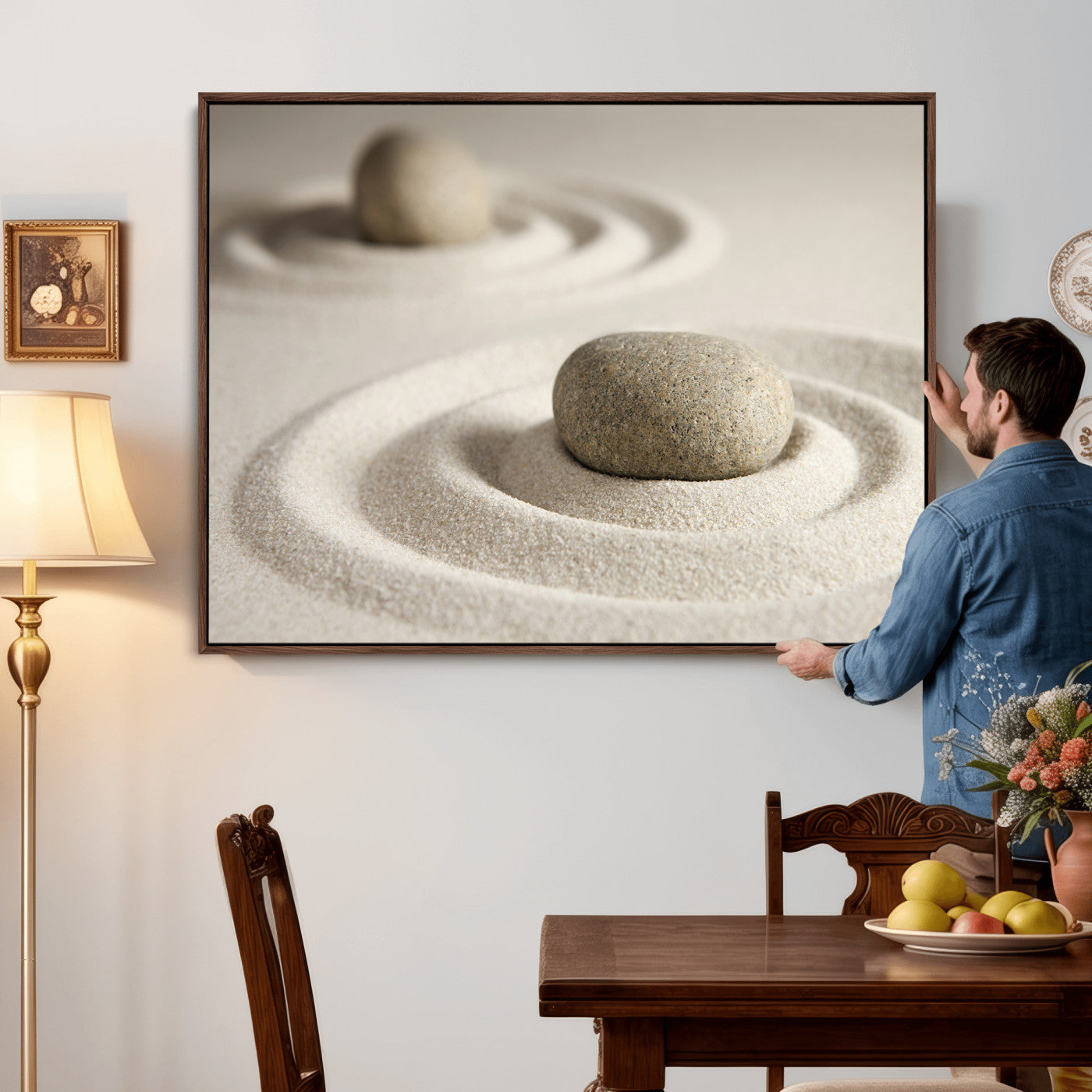 13397966-MGV-CV-36X24 - Zen Garden Stone Sand Canvas | Japanese Rock Garden Wall Art | Minimalist Meditation Print | Neutral Beige Mindfulness Decor