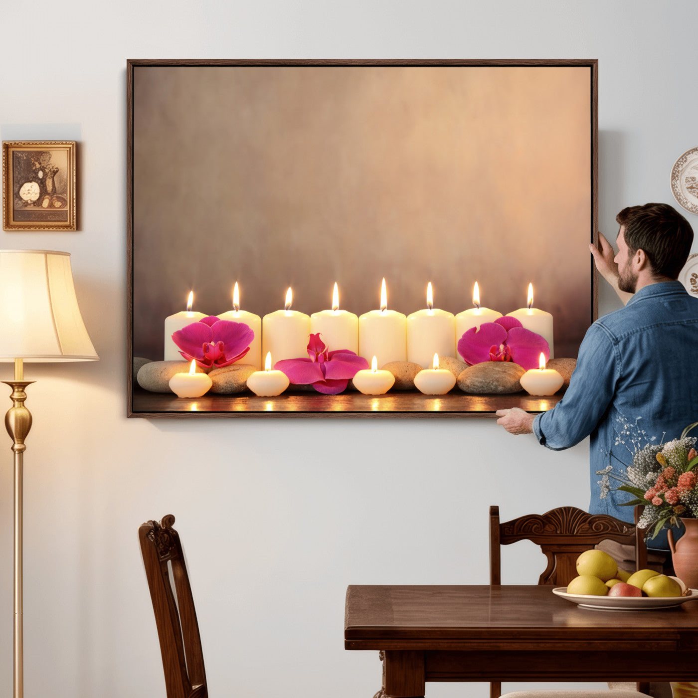 59470569-MGV-CV-36X24 - Spa Candles Orchid Canvas Print | Zen Wellness Relaxation Wall Art | Pink Flower Candlelight Bathroom Decor | Calm Beige Photography