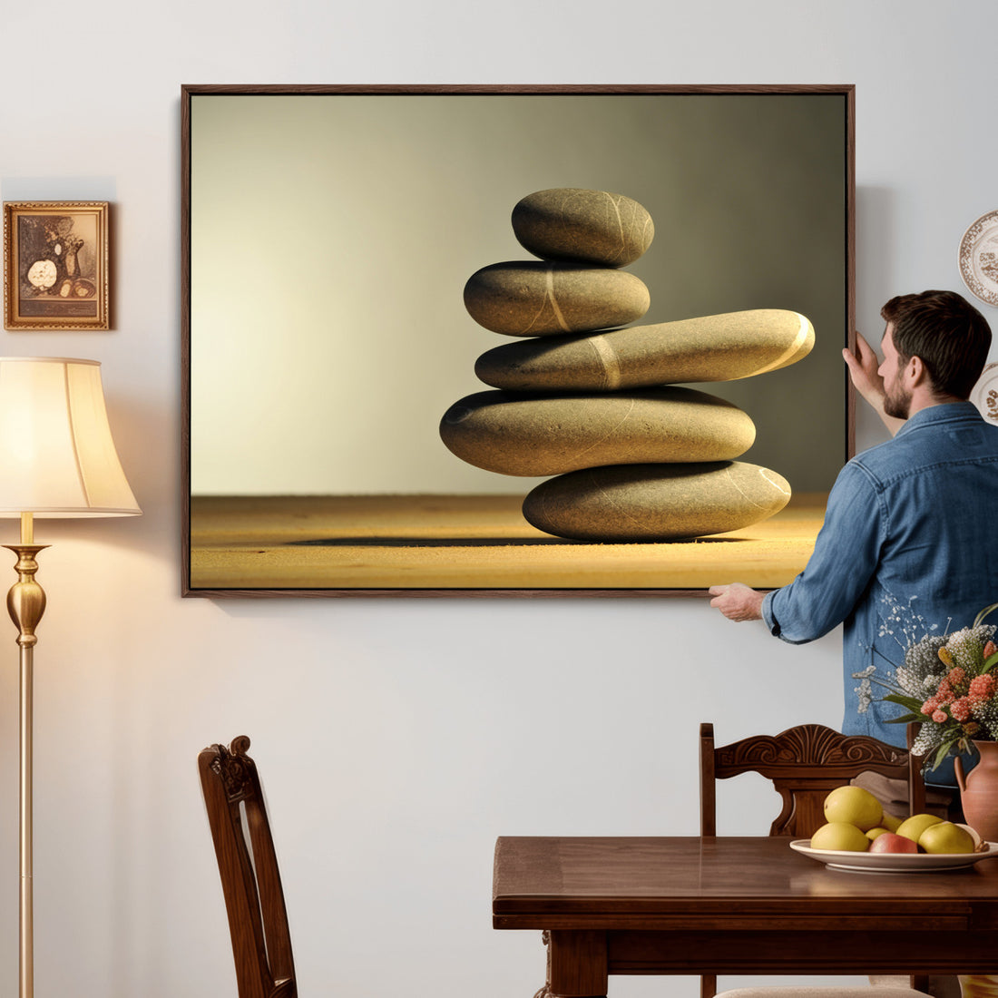 Zen Stone Wall Art Canvas Print, Balanced Rock Stack Framed Artwork