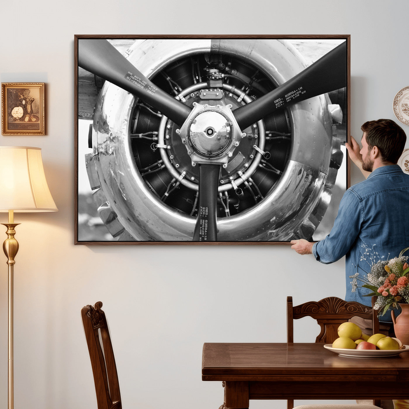 73322230-MGV-CV-36X24 - Vintage Propeller Plane Wall Art Canvas Print, Black and White Airplane Engine Close Up Framed Aviation Artwork for Pilot Office Hangar Decor