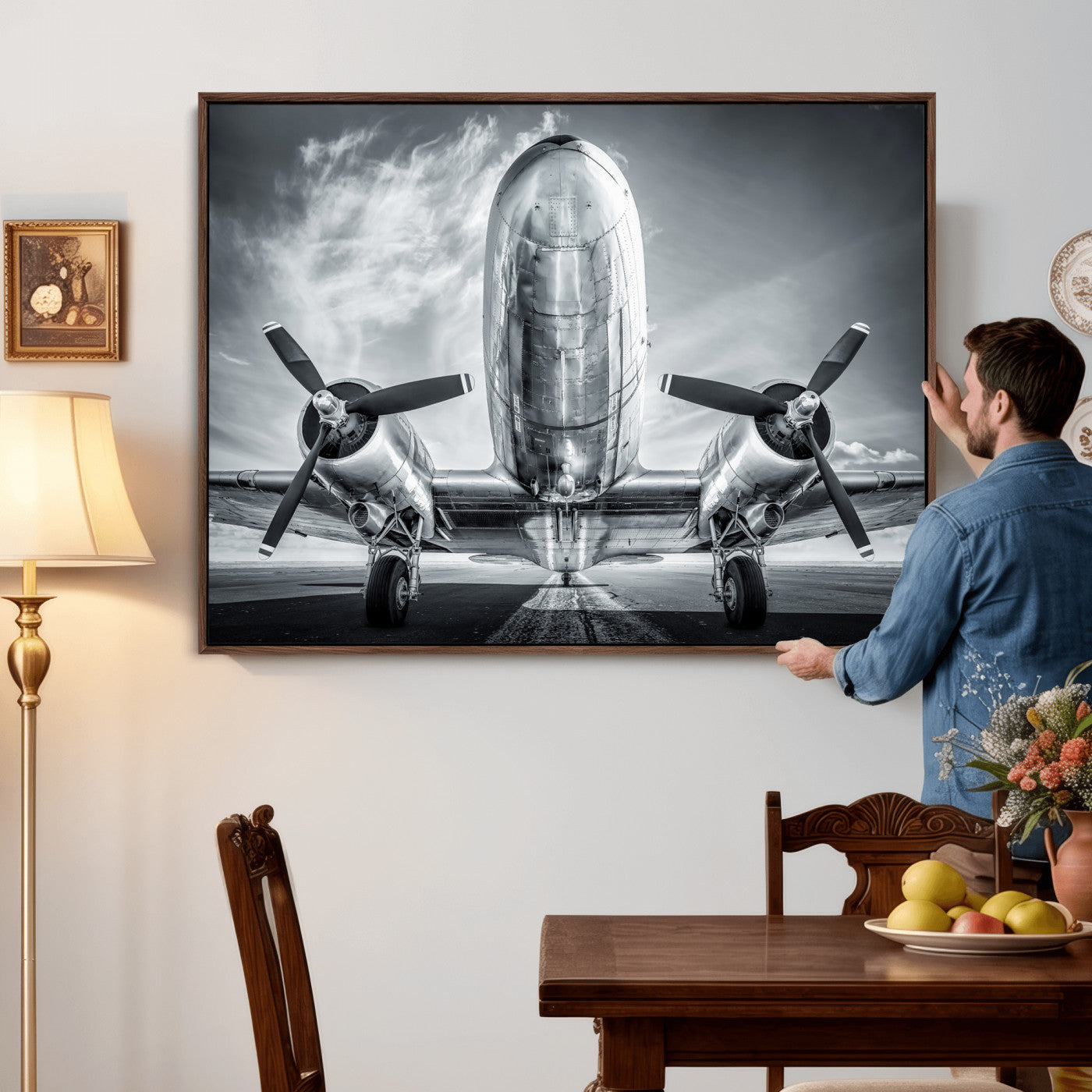 59729636-MGV-CV-36X24 - Vintage Propeller Plane Wall Art Canvas Print, Black and White Airplane Engine Close Up Framed Aviation Artwork for Pilot Office Hangar Decor