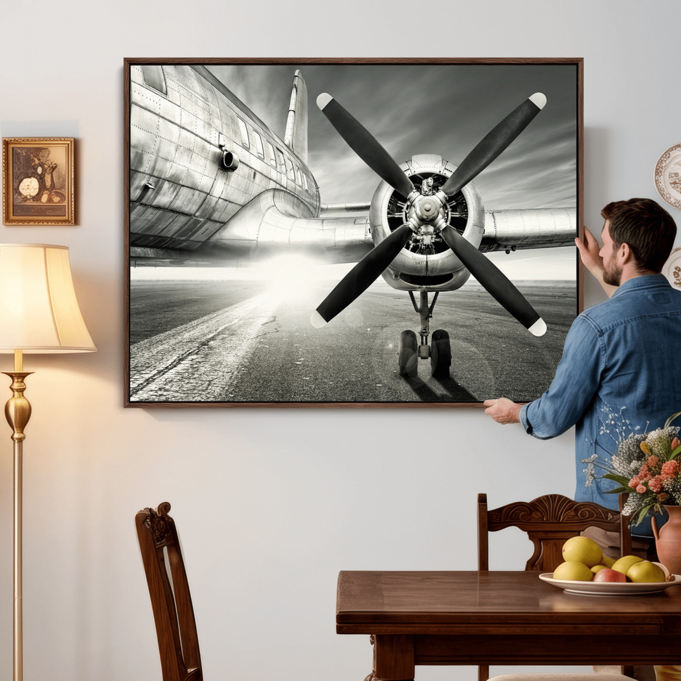 16420255-MGV-CV-36X24 - Vintage Airplane Wall Art Canvas Print, Black and White Propeller Aircraft Framed Aviation Artwork for Pilot Office Hangar Living Room Decor