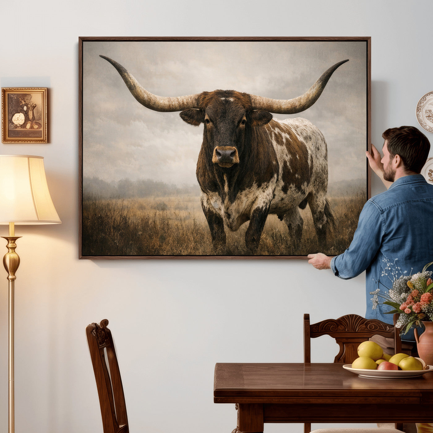 17622011L-MGV-CV-36X24 - Longhorn Bull Wall Art Canvas Print, Western Farmhouse Cowboy Decor, Rustic Texas Ranch Cattle Artwork for Living Room Bedroom Office, Framed Wall Decor