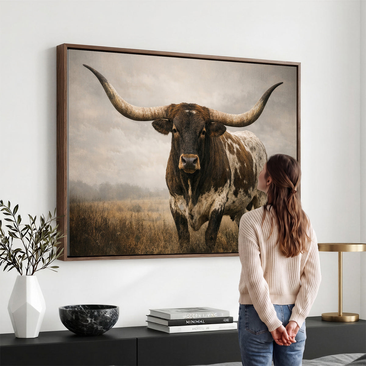17622011L-_Poster-30x20 - Longhorn Bull Wall Art Canvas Print, Western Farmhouse Decor