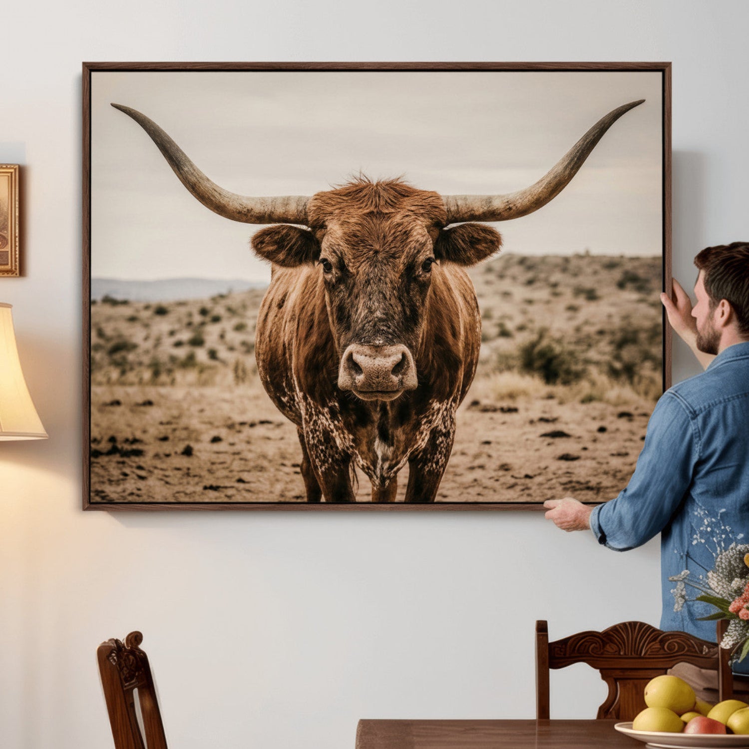 17622011K-MGV-CV-36X24 - Texas Longhorn Bull Wall Art Canvas Print, Western Farmhouse Cowboy Decor, Rustic Texas Ranch Cattle Artwork for Living Room Bedroom Office, Framed Wall Decor