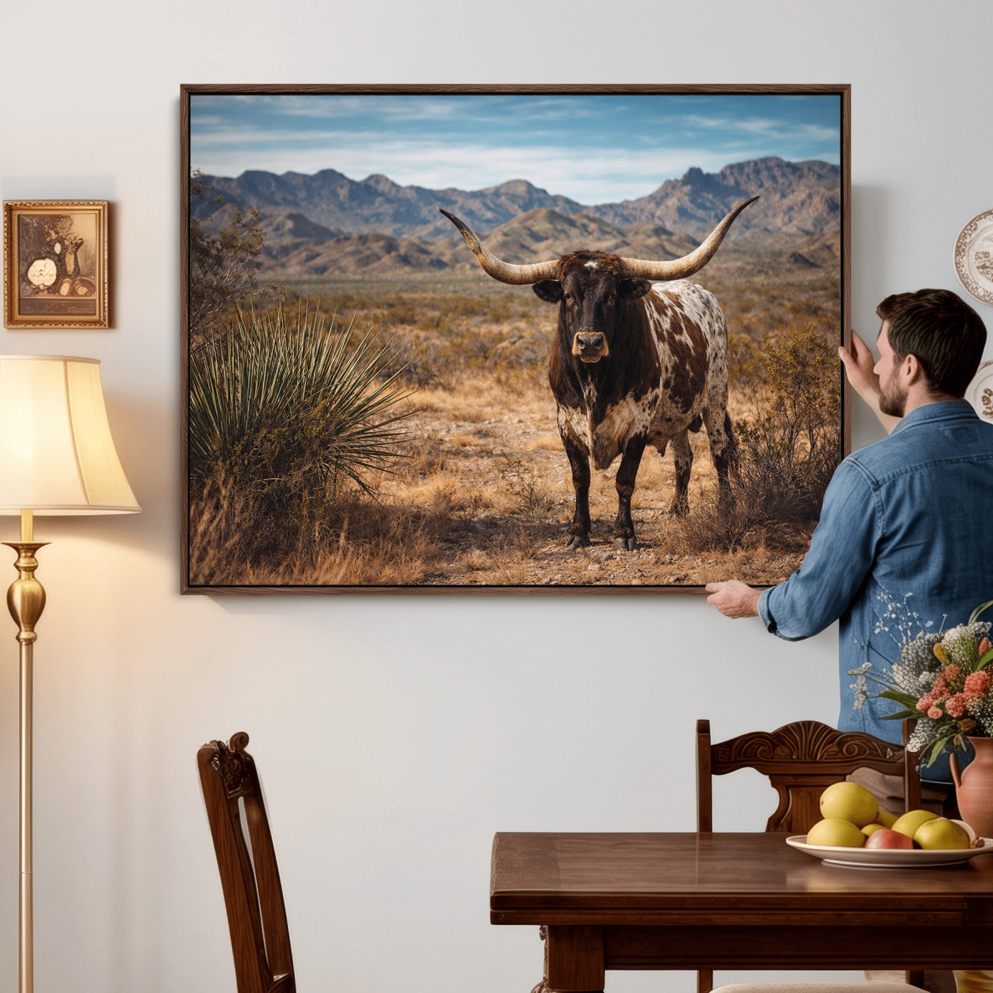 17622011S-MGV-CV-36X24 - Texas Longhorn Bull Wall Art Canvas Print, Western Farmhouse Cowboy Decor, Rustic Texas Ranch Cattle Artwork for Living Room Bedroom Office, Framed Wall Decor