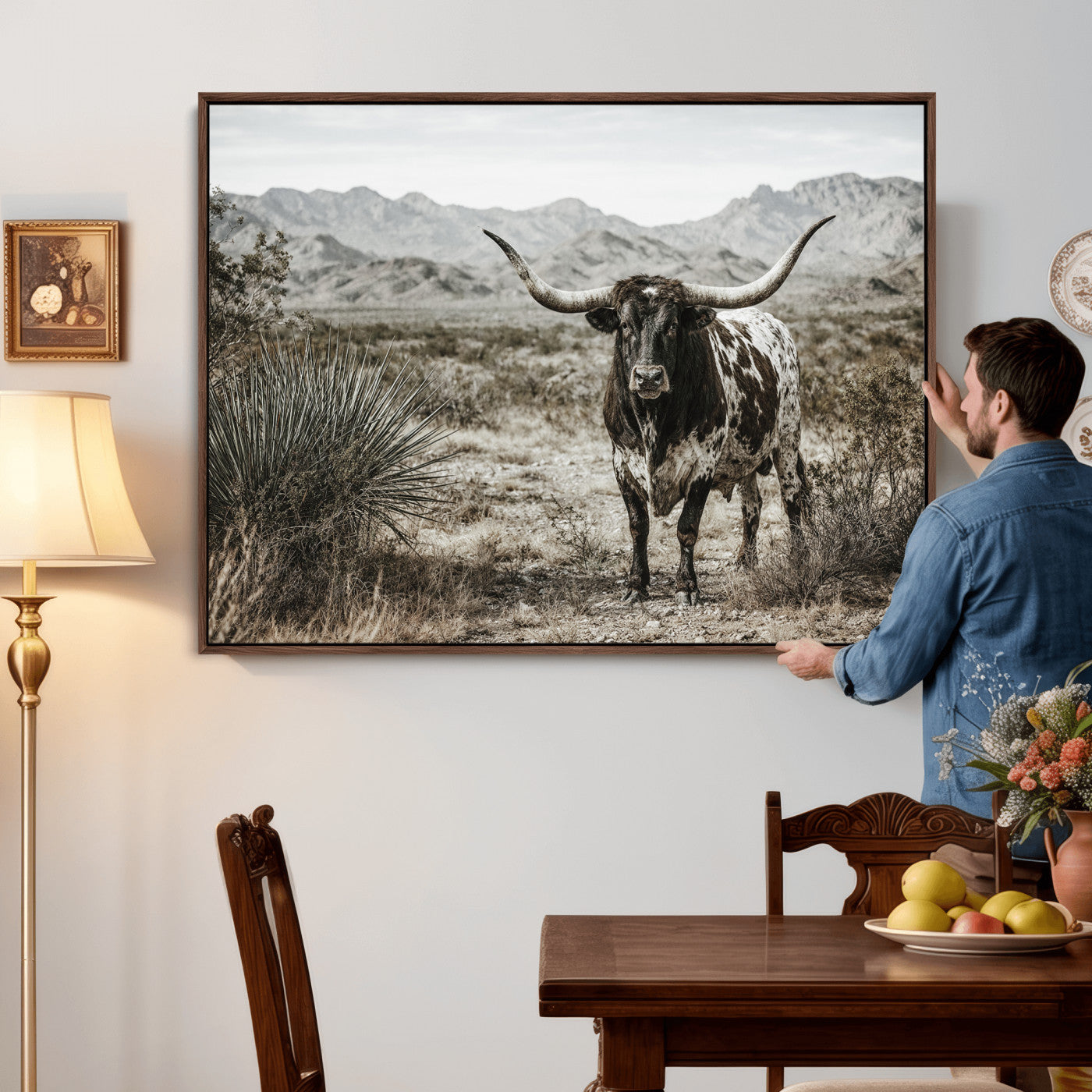 17622011H-MGV-CV-36X24 - Texas Longhorn Bull Wall Art Canvas Print, Western Farmhouse Cowboy Decor, Rustic Texas Ranch Cattle Artwork for Living Room Bedroom Office, Framed Wall Decor