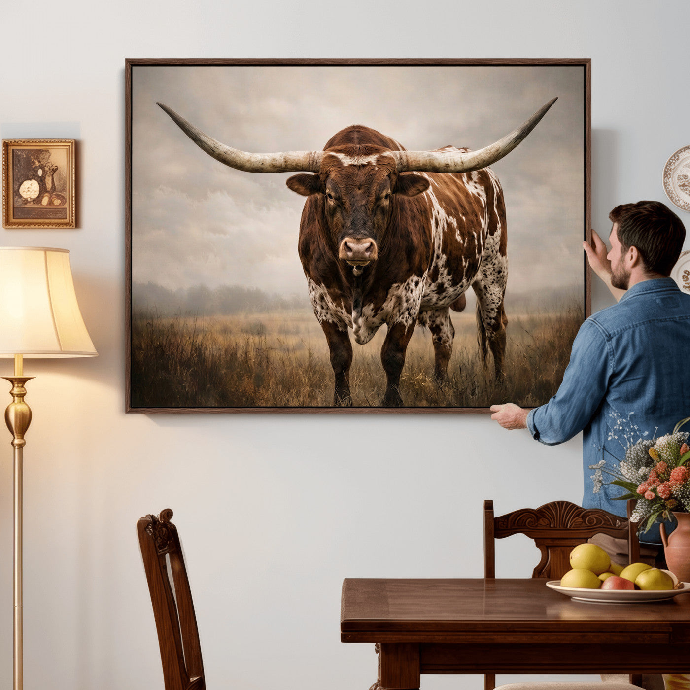 25239047-MGV-CV-36X24 - Texas Longhorn Canvas Wall Art Western Bull Desert Moody Grey Overcast Rustic Farmhouse Framed Large for Living Room Bedroom Office Decor