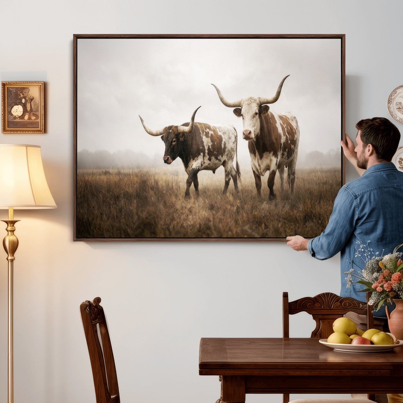 92881702-MGV-CV-36X24 - Texas Longhorn Canvas Wall Art Western Bull Desert Moody Grey Overcast Rustic Farmhouse Framed Large for Living Room Bedroom Office Decor