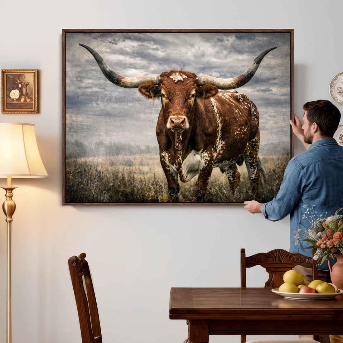 Texas Longhorn Canvas Wall Art Western Bull Desert, Extra Large Living Room Wall Decor