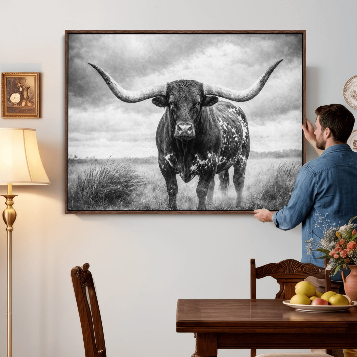 19951238-MGV-CV-36X24 - Texas Longhorn Canvas Wall Art Western Bull Desert Moody Grey Overcast Rustic Farmhouse Framed Large for Living Room Bedroom Office Decor