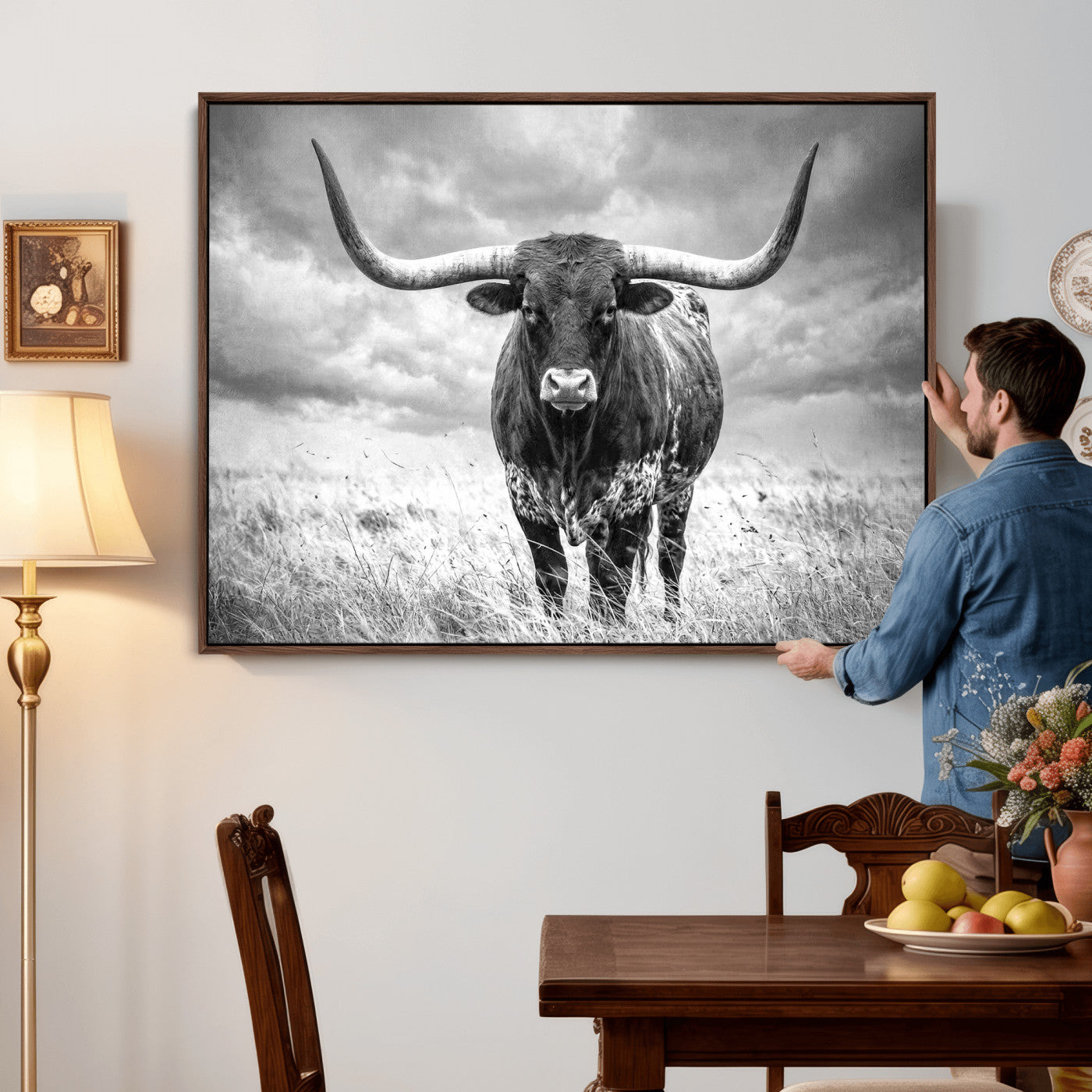 63336115-MGV-CV-36X24 - Texas Longhorn Canvas Wall Art Western Bull Desert Moody Grey Overcast Rustic Farmhouse Framed Large for Living Room Bedroom Office Decor