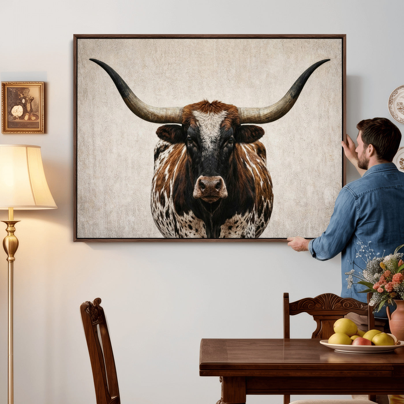 58622065-MGV-CV-36X24 - Texas Longhorn Canvas Wall Art Western Bull Desert Moody Grey Overcast Rustic Farmhouse Framed Large for Living Room Bedroom Office Decor