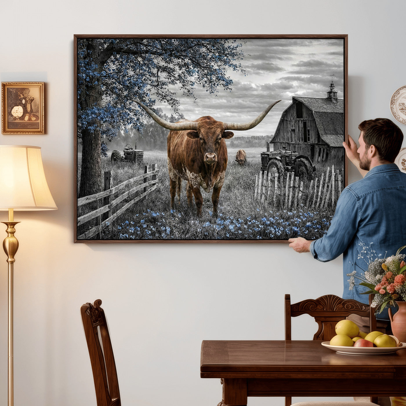 19366343-MGV-CV-36X24 - Texas Longhorn Canvas Wall Art, Rustic Farm Barn Bluebonnet Photography Print, Farmhouse Country Decor, Western Ranch Art, Old Truck Tractor Print