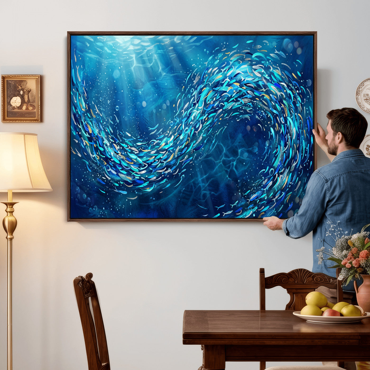 54535639-MGV-CV-36X24 - School of Fish Canvas Print | Blue Ocean Underwater Wall Art | Swirling Fish Shoal Illustration | Marine Navy Coastal Decor
