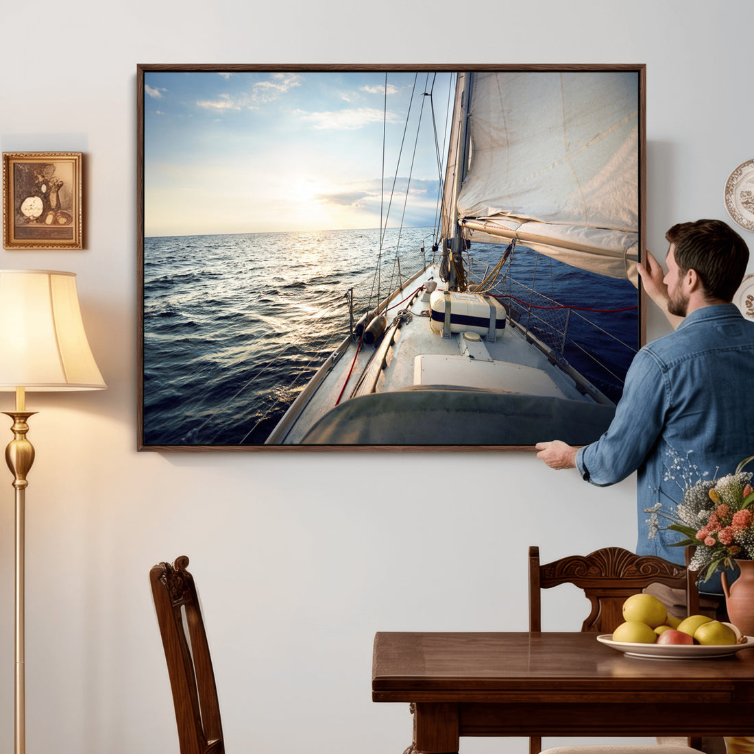 Sailboat Wall Art Canvas Print, Ocean Sunset Sailing Framed Artwork