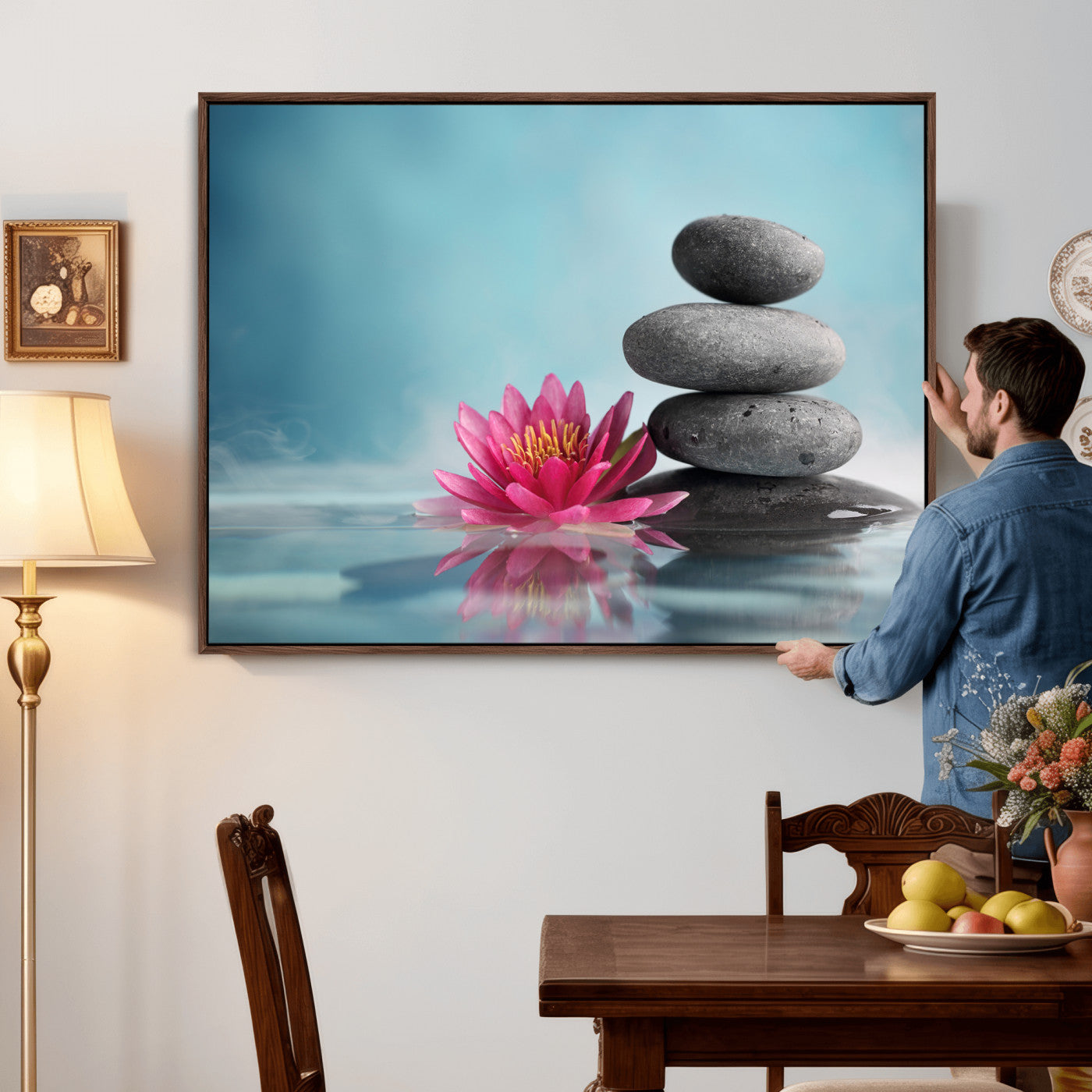 84293154-MGV-CV-36X24 - Zen Canvas Wall Art Lotus Flower Stacked Stones Teal Spa Meditation Relaxation Framed Large for Bathroom Bedroom Living Room Office Decor
