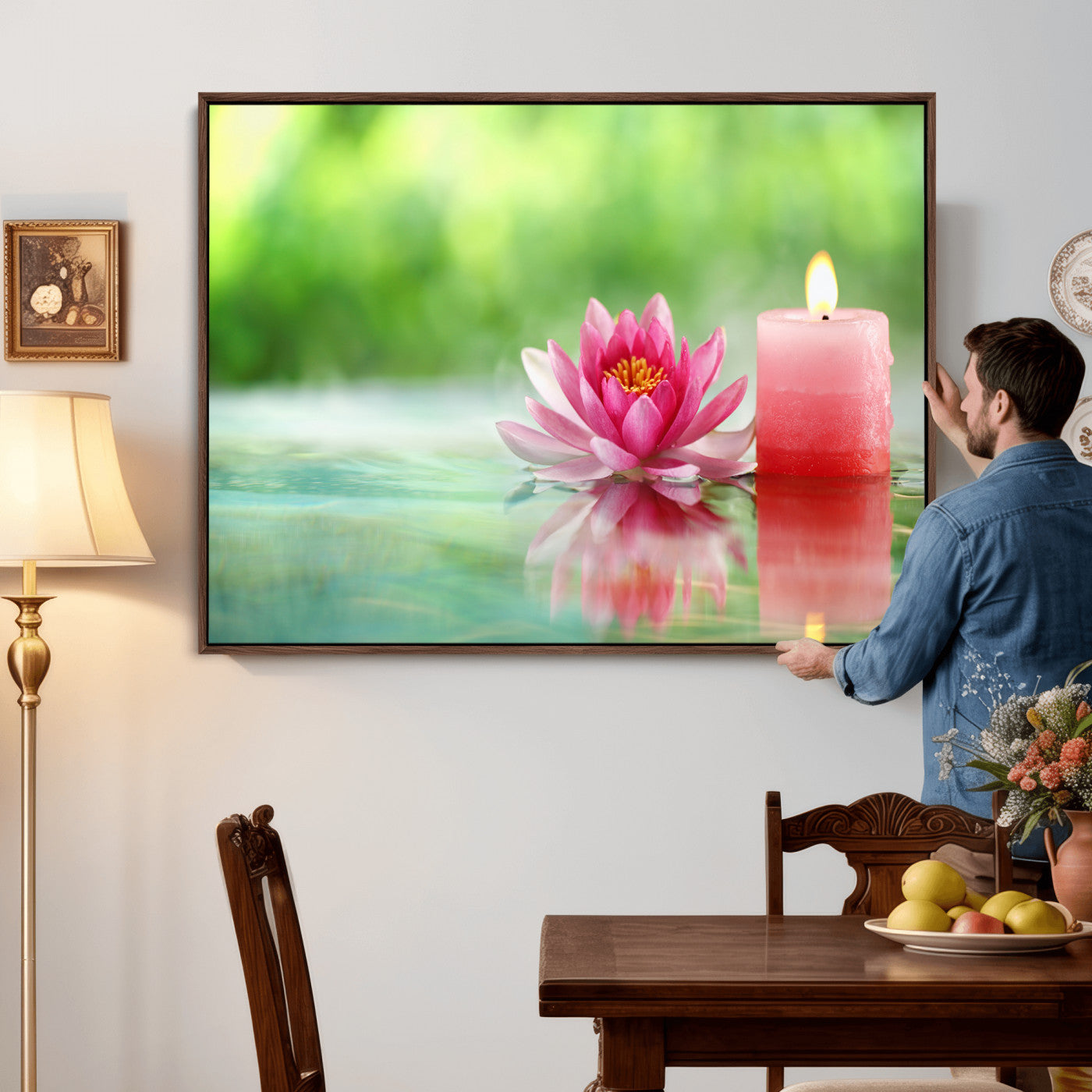 17661715-MGV-CV-36X24 - Zen Lotus Candle Canvas Wall Art Pink Spa Meditation Relaxation Green Bokeh Framed Large for Bathroom Bedroom Living Room Office Decor
