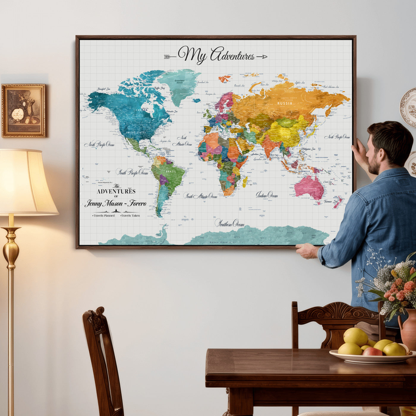 56239817-MGV-CV-36X24 - Custom Push Pin Watercolor World Map Canvas Wall Art Print – Abstract Colorful Travel Wall Decor