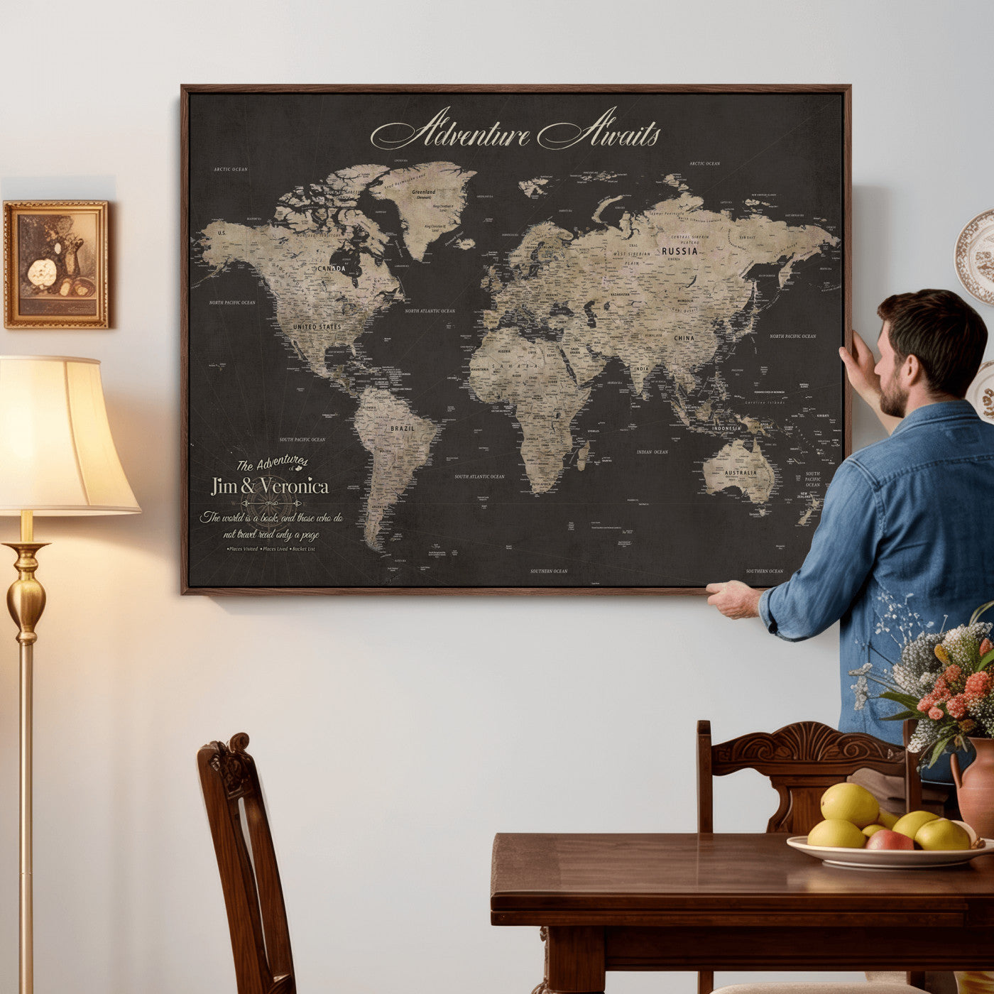 56556018136C-MGV-CV-36X24 - Custom World Map with Pins Canvas Wall Art Dark Charcoal Antique Tan Detailed Every Country Labeled Framed Large for Home Office Living Room Bedroom Decor