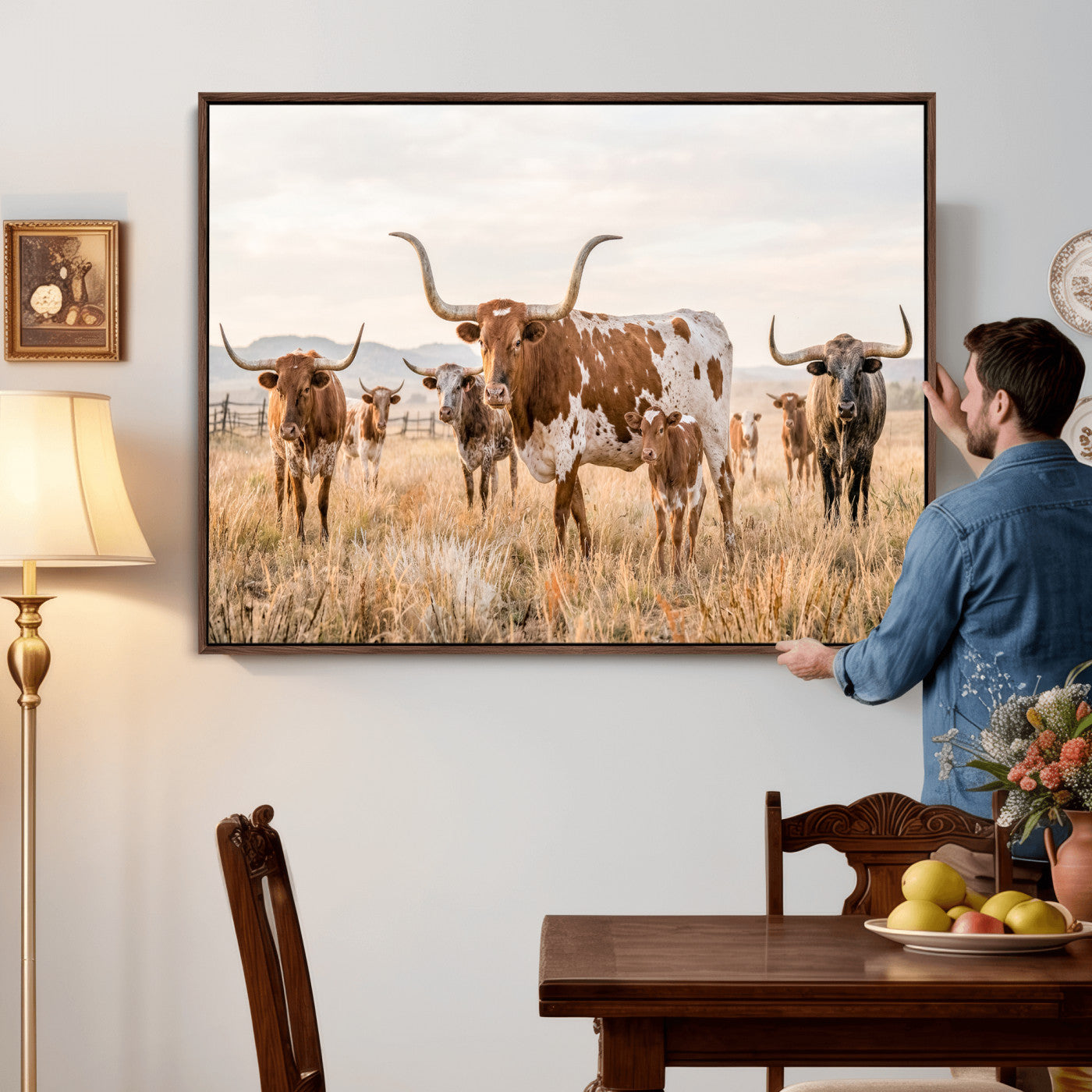 62336425AC-MGV-CV-36X24 - Texas Longhorn Canvas Wall Art, Rustic Farm Animal Photography Print, Farmhouse Country Decor, Western Ranch Art